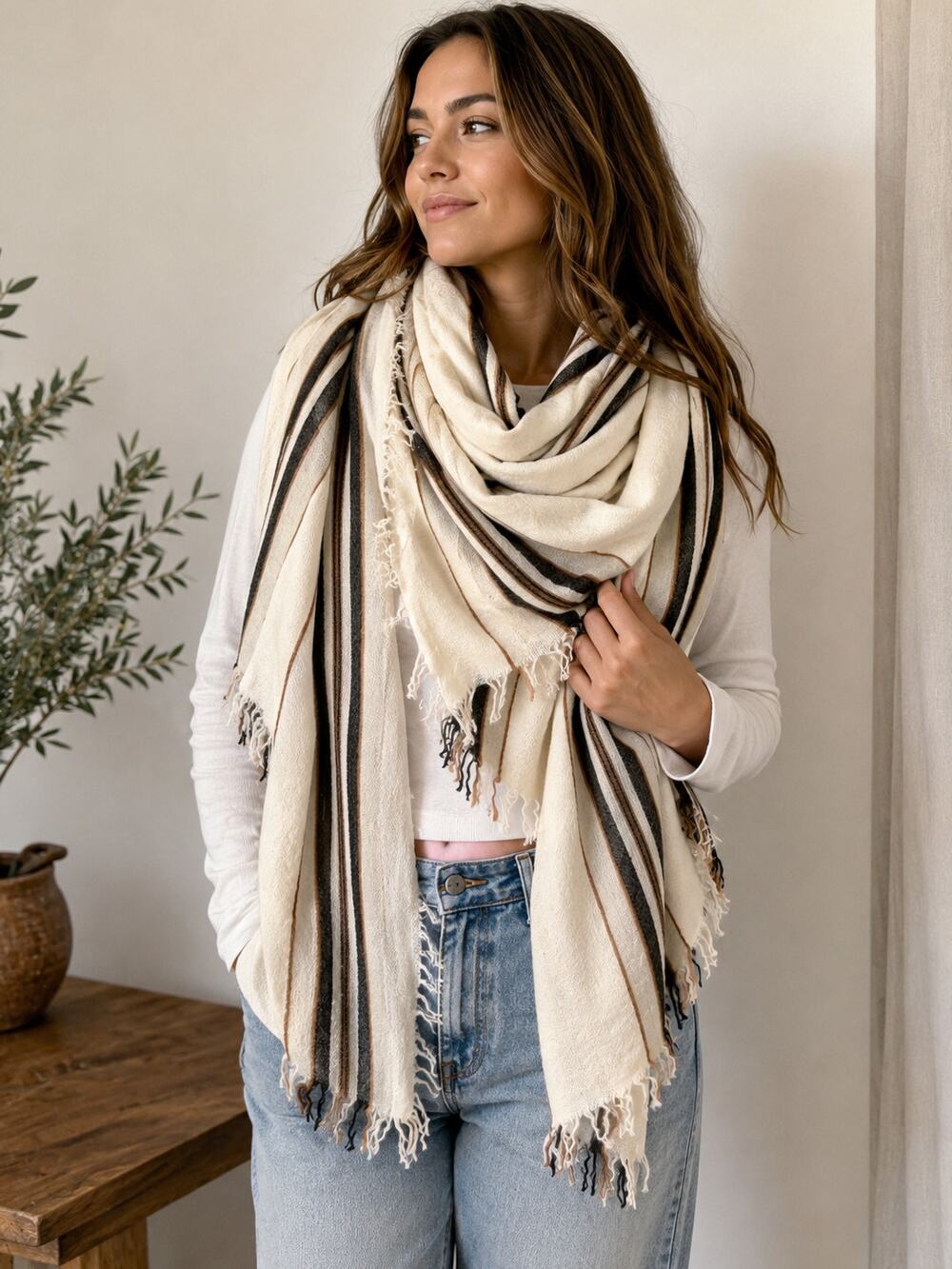 Wilfred by Aritzia Striped Fringe Scarf Shawl Wrap 100% Wool 55" x 65"